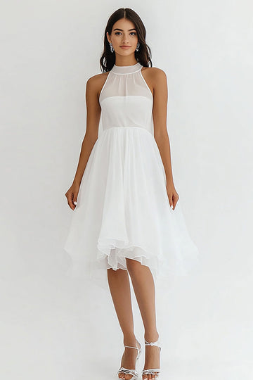 White Chiffon A Line High Neck Midi Graduation Dress